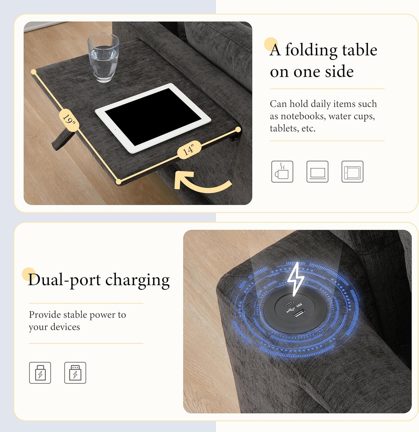 Ball & Cast Oversized Modular L Shaped Sectional Sofa W/Movable Ottoman and USB Ports,5 Seater Comfy Cloud Couch W/2 Armrest Pillows,Folding Table & Side Pocket,for Living Room,Apartment,Charcoal,130"