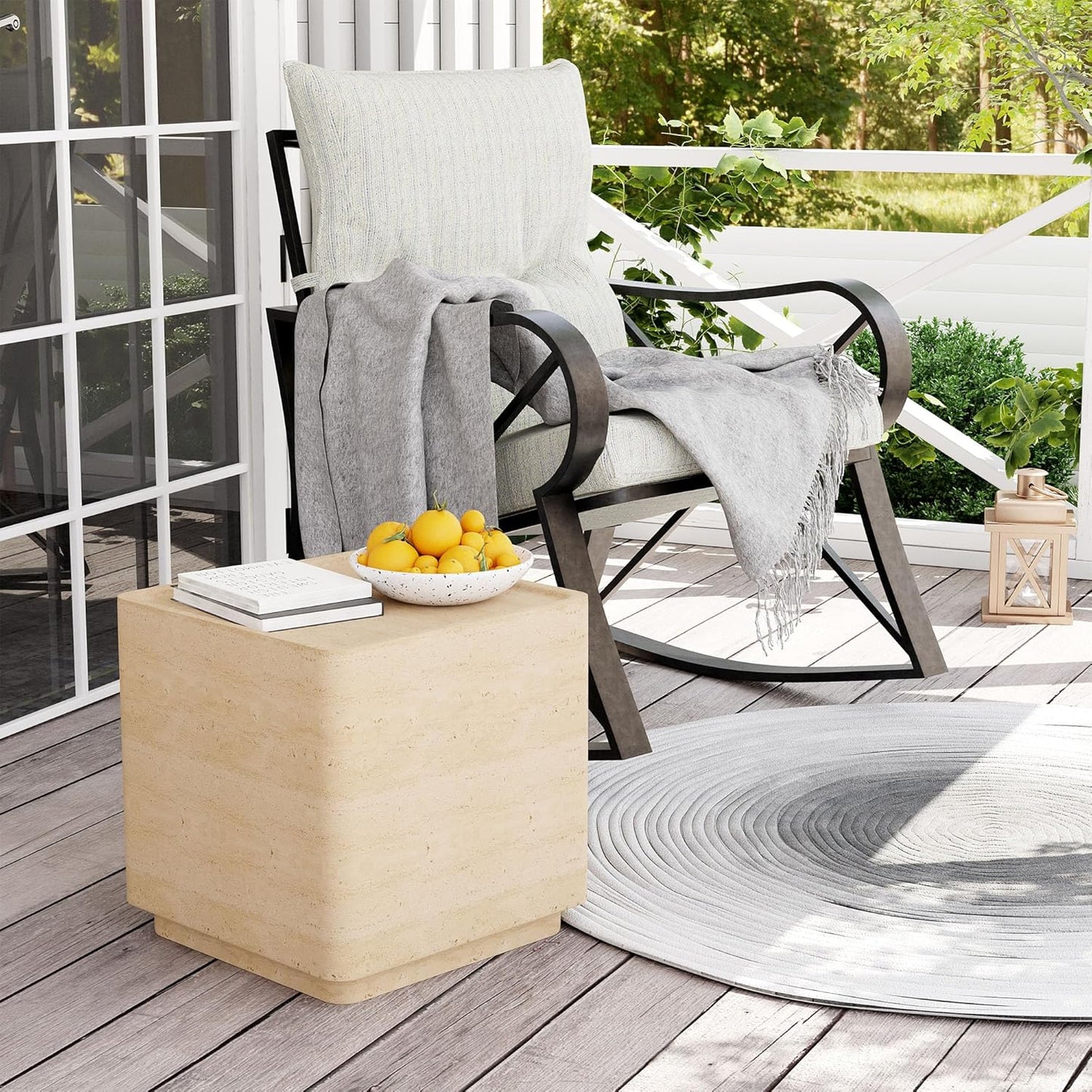 COSIEST 14.4" Outdoor Side Table, Rectangular Concrete End Table for Patio Small Outdoor Coffe Tables, Garden Stool Accent Table for Livingroom, Porch, Deck, Balcony & Beach，Sandy Yellow