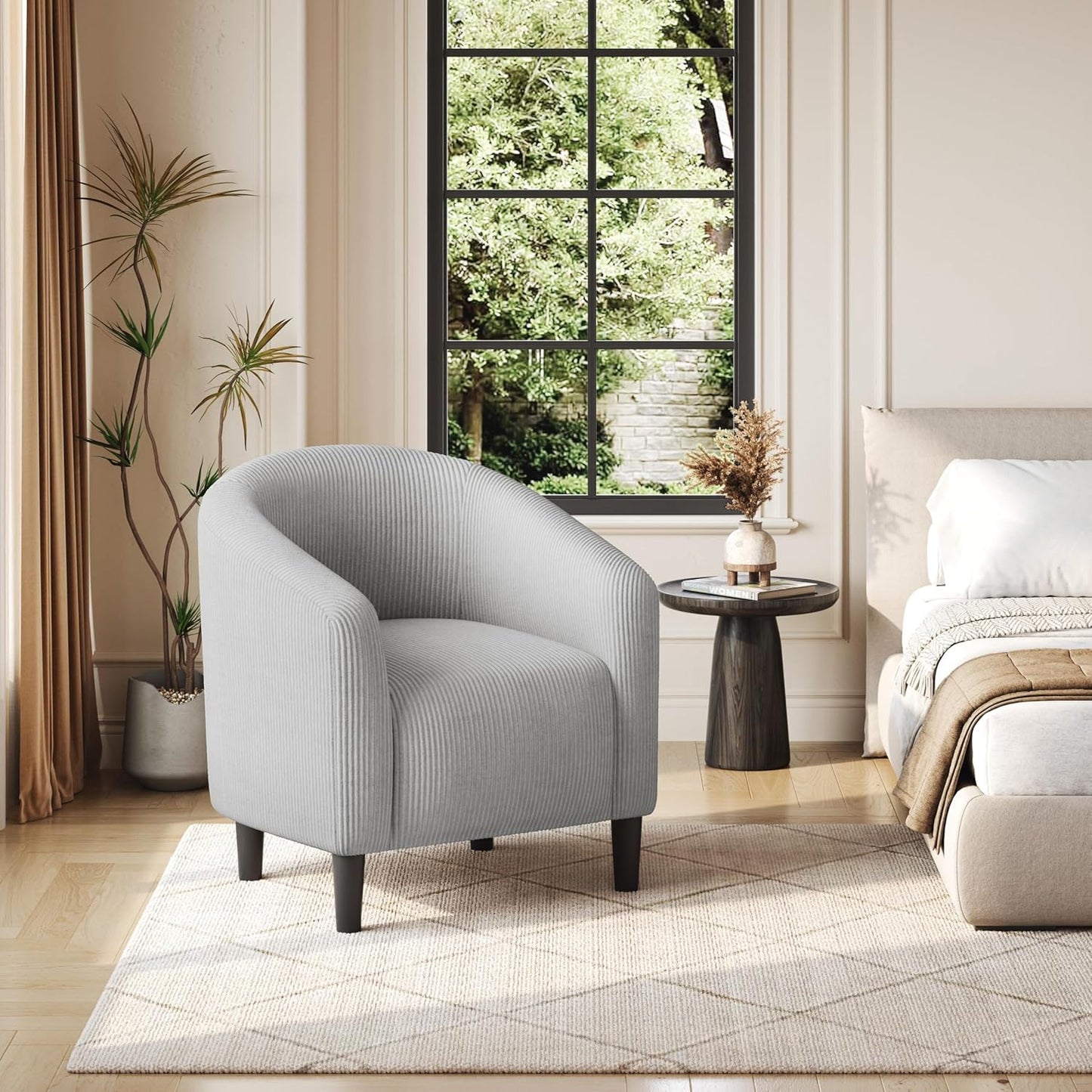 Yaheetech Accent Barrel Chair, Corduroy Fabric Club Chair, Furry Sherpa Elegant Armchair with Cozy Soft Padded for Living Room Bedroom Reception Room Office, Light Gray