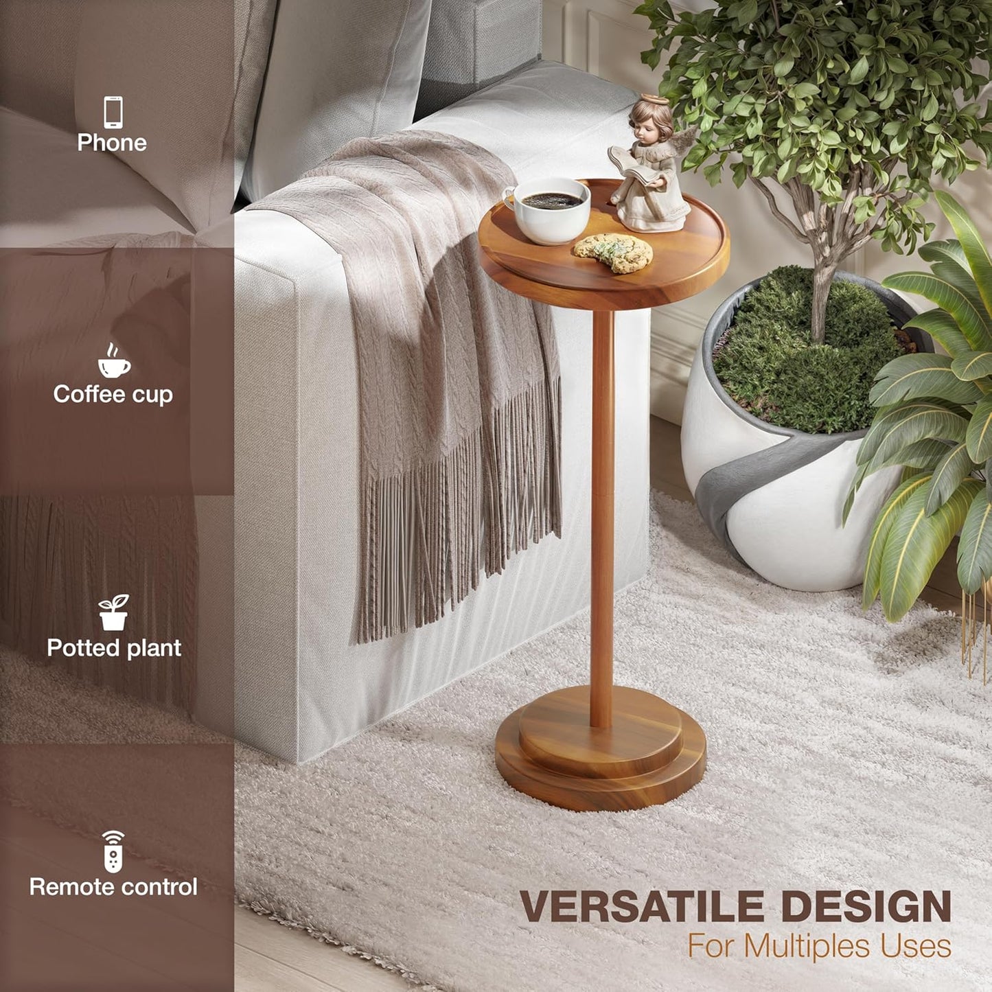 Drink Table, 24.4" Tall Compact Side Table with Phone Slot and Weighted Base, Durable Pedestal Table Accent for Living Room (Stepped Base, Acacia)