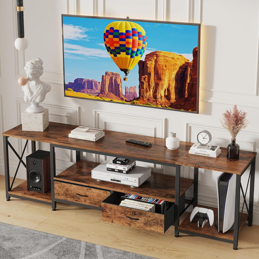 TV Stand with Fabric Drawer - Entertainment Center and Industrial TV Console Table with Open Storage Shelves for Living Room, Bedroom - 55.1" Rustic Brown