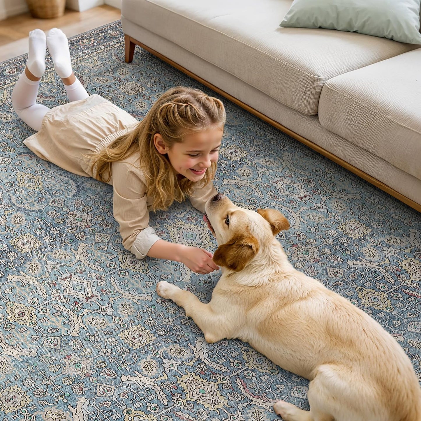 9X12 Area Rugs Machine Washable Rugs for Living Room, Vintage Boho Large Rugs for Bedroom Dining Room, Non Slip Indoor Soft Distressed Lightweight Thin Low Pile Carpet, Vintage Blue