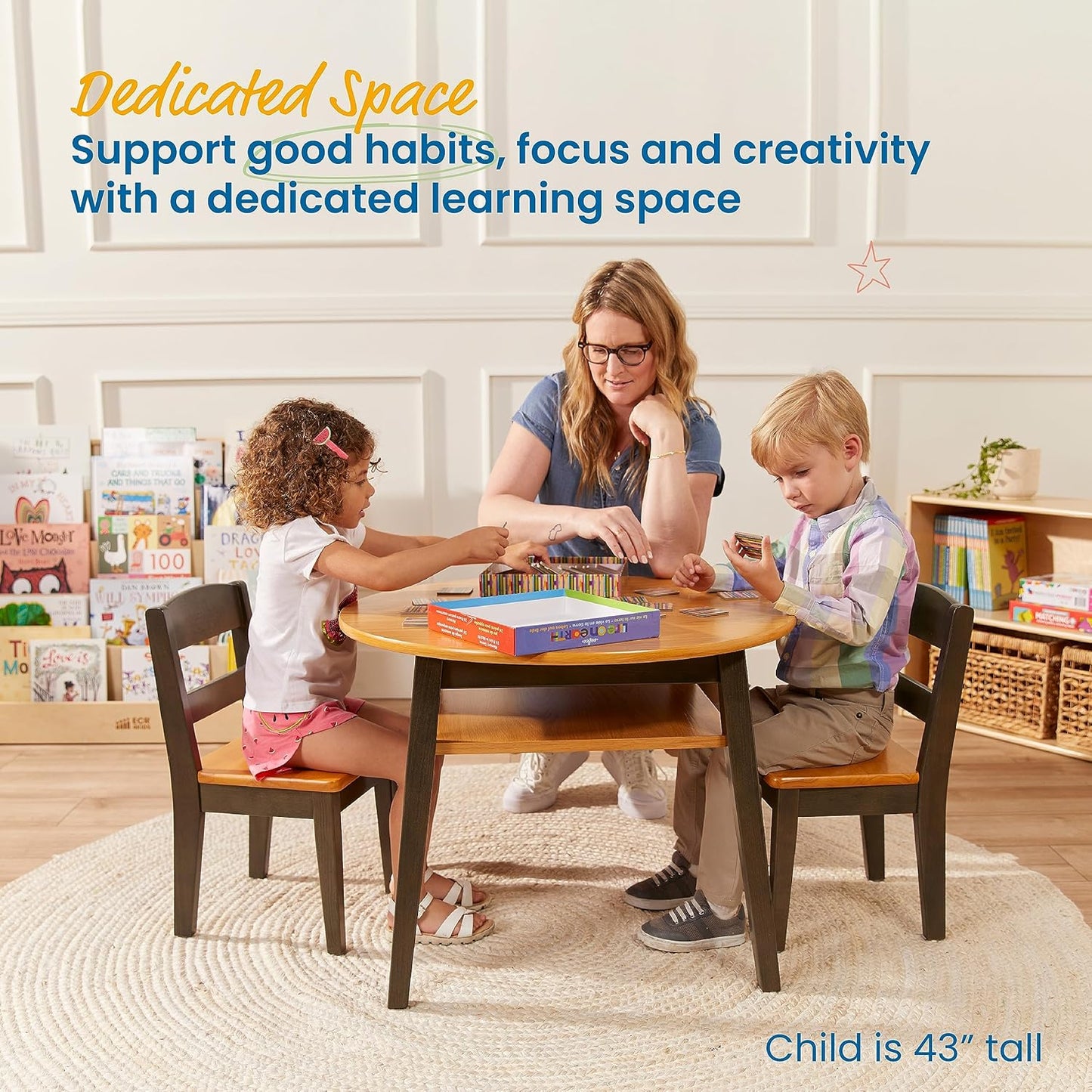 ECR4Kids Hideaway Table and Chair Set, Kids Furniture, Honey/Grey Wash, 3-Piece