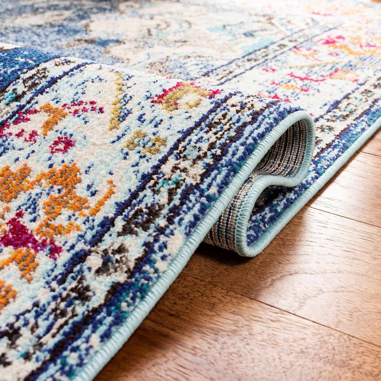 SAFAVIEH Monaco Collection Area Rug - 5' Square, Navy & Light Blue, Boho Chic Medallion Distressed Design, Non-Shedding & Easy Care, Ideal for High Traffic Areas in Living Room, Bedroom (MNC243N)