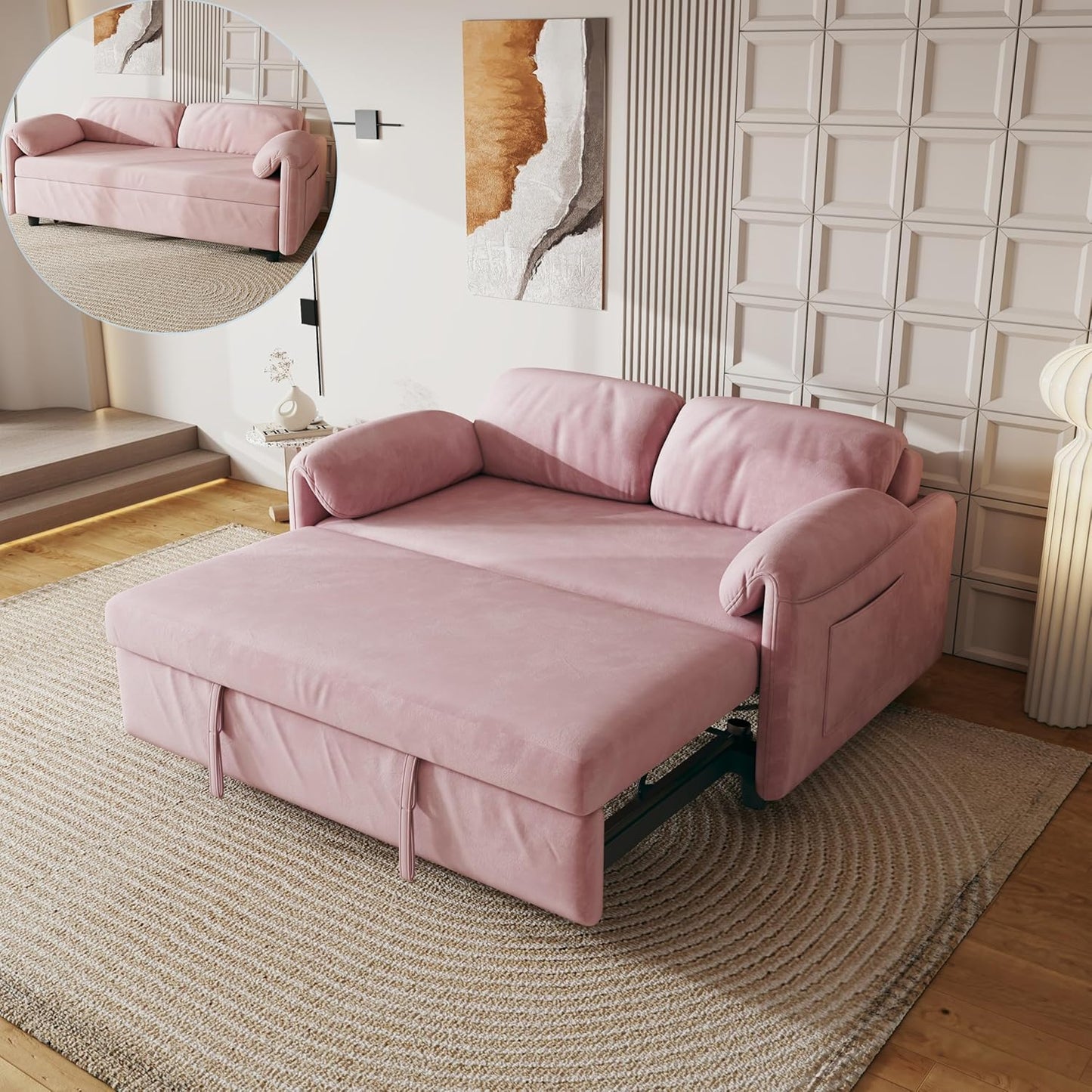 ERYE 3 in 1 Loveseat Sofa Convertible Sleeper Sofabed,Functional Recliner Daybed Love Seat Sofa&Couch W/Pull Out Couch Bed, Reclining Backrest and Pillows Armrests for Office Apartment RV Living Room