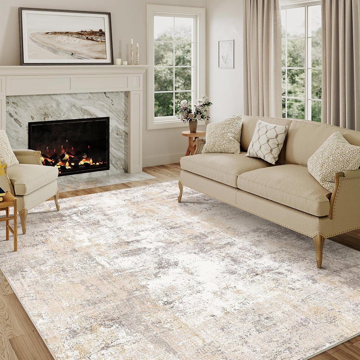 5x7 Washable Area Rug Beige Grey Neutral Abstract Living Room Bedroom Throw Rug Non Slip Soft Low Pile Indoor Floor Carpet for Dining Room Kitchen Office Entryway Home