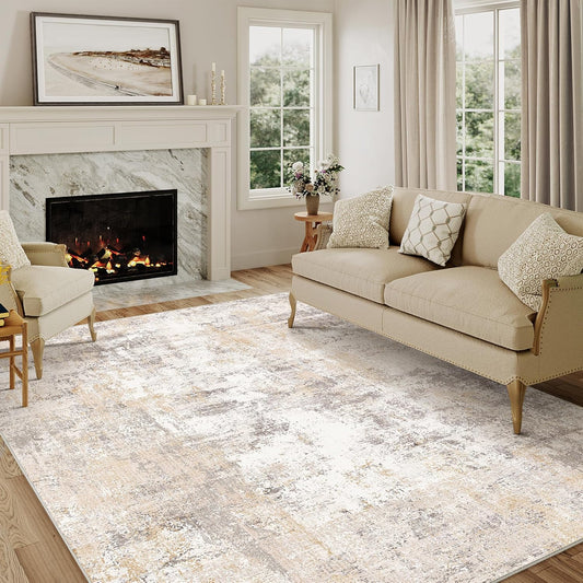 5x7 Washable Area Rug Beige Grey Neutral Abstract Living Room Bedroom Throw Rug Non Slip Soft Low Pile Indoor Floor Carpet for Dining Room Kitchen Office Entryway Home
