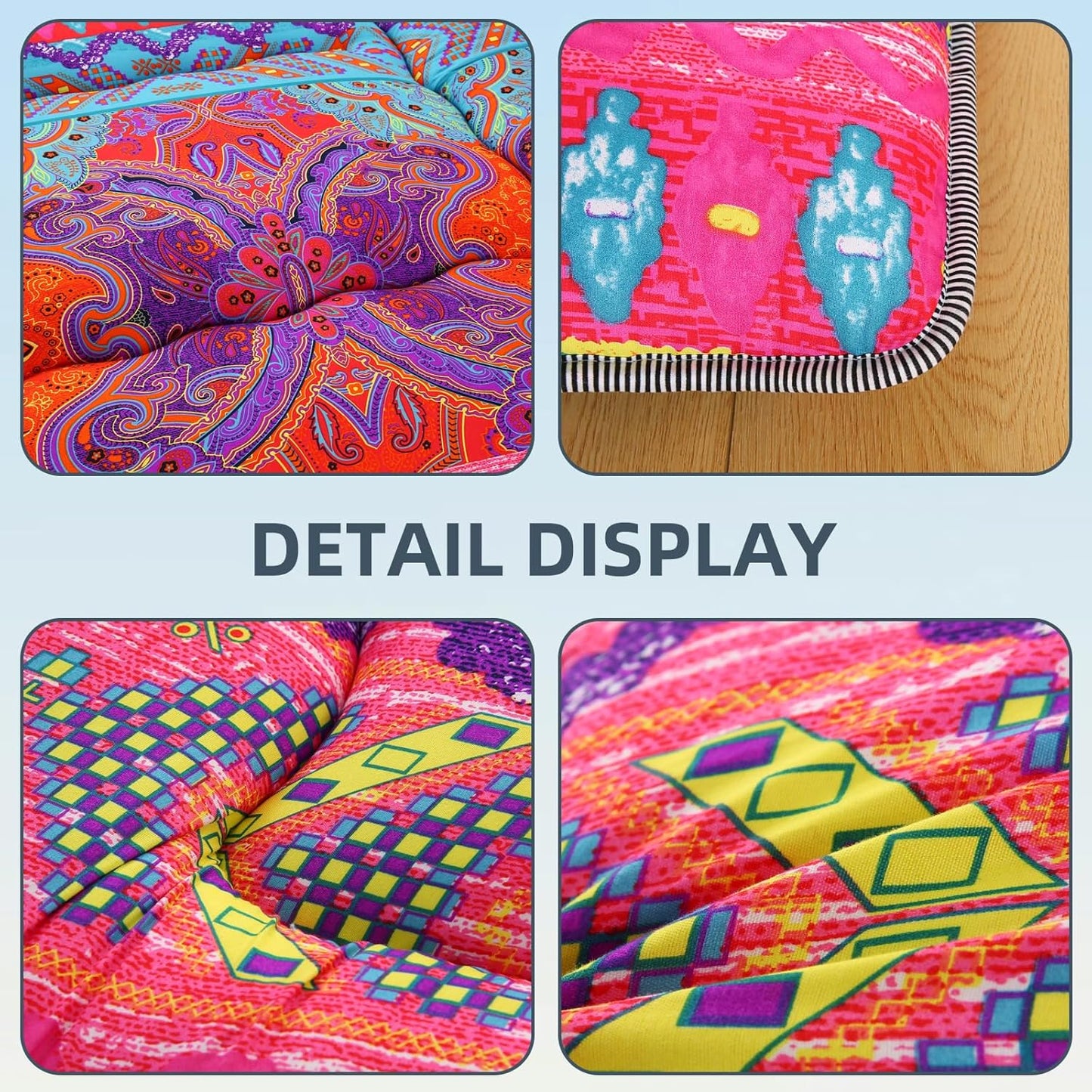 Bohemian Retro Japanese Floor Mattress, Vintage Floral Tatami Floor Mat, Portable Roll up Futon Mattress for Guest,Tavel (D,Full 80" X 47")