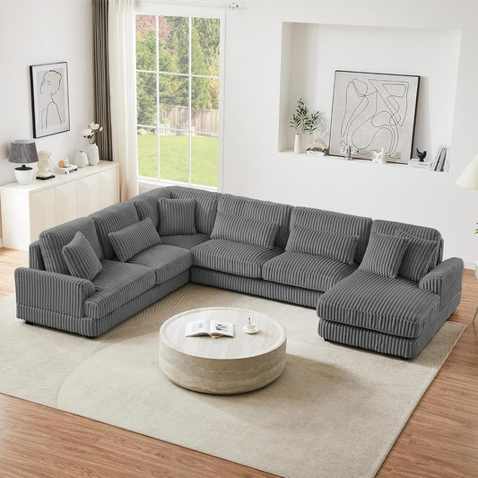 129" Oversized U Shaped Modular Sectional Sofa Couch for Living Room 7 Seater Plush Corduroy Upholstered Large Sofa Deep Seat Cloud Couch with Extra Wide Chaise Lounge and Detachable Thick Cushions