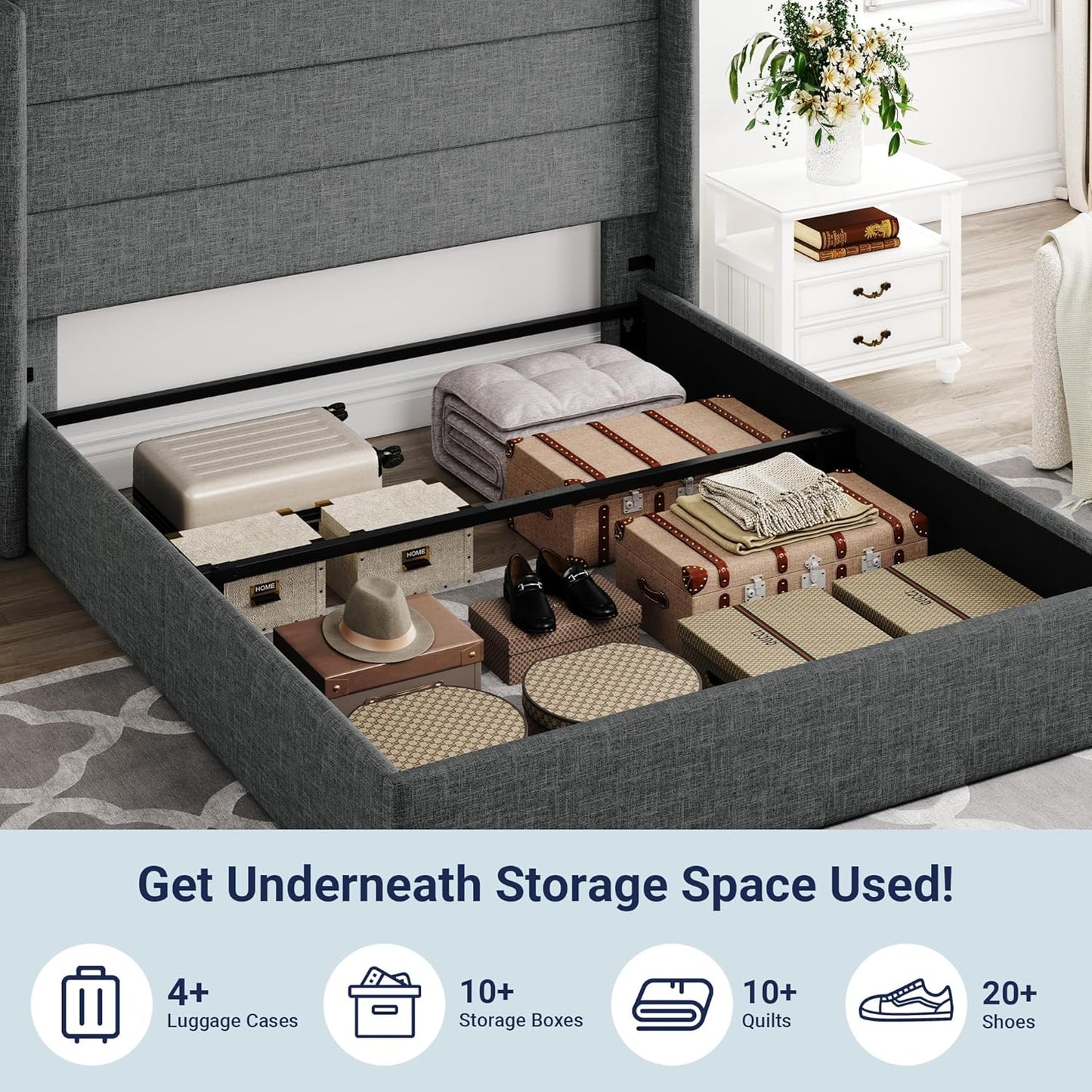 Allewie Queen Size Lift Up Storage Bed, Modern Wingback Headboard, Hydraulic Support, No Box Spring Needed, Dark Grey