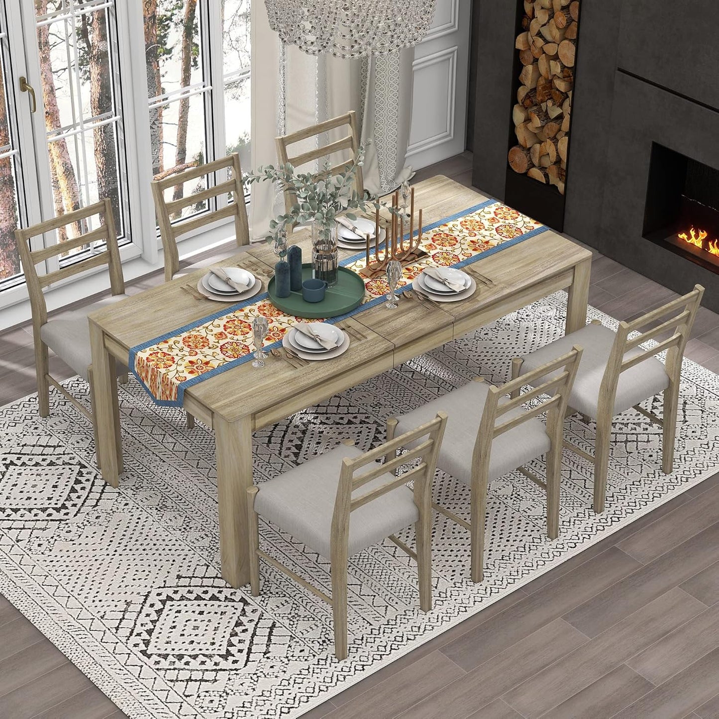 Ball & Cast 7 Piece Dining Table Set with 6 Upholstered Chairs,Living Room Desk W/ 71.5" Rectangle Extendable Leaf and 2 Drawers,for Restaurant,Home Bistro,Natural Wood Wash