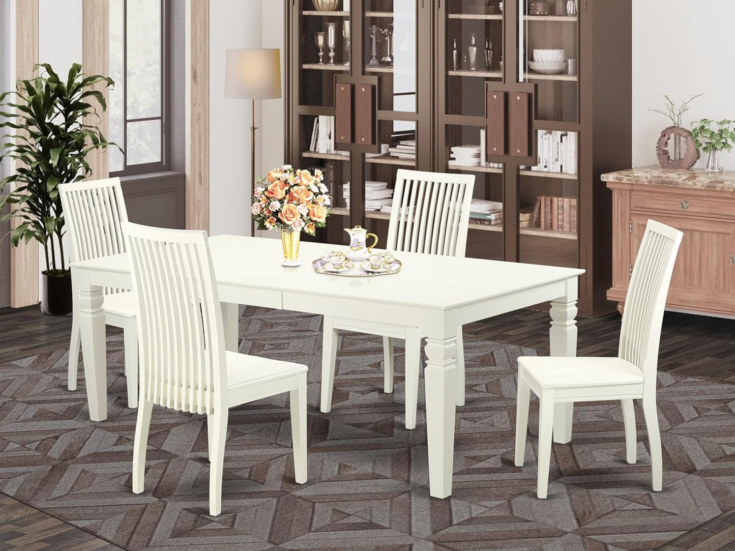 East West Furniture LGIP5-LWH-W 5 Piece Dining Room Table Set Includes a Rectangle Kitchen Table with Butterfly Leaf and 4 Dining Chairs, 42x84 Inch, Linen White