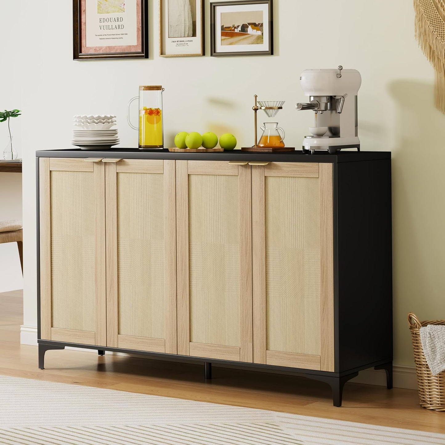 Sideboard - Buffet Cabinet with Storage, Rattan Cabinet with 4 Doors and Adjustable Shelves, Accent Cupboard with Metal Feet, Black Sideboard Console Table for Living Room, Entry, Dining Room