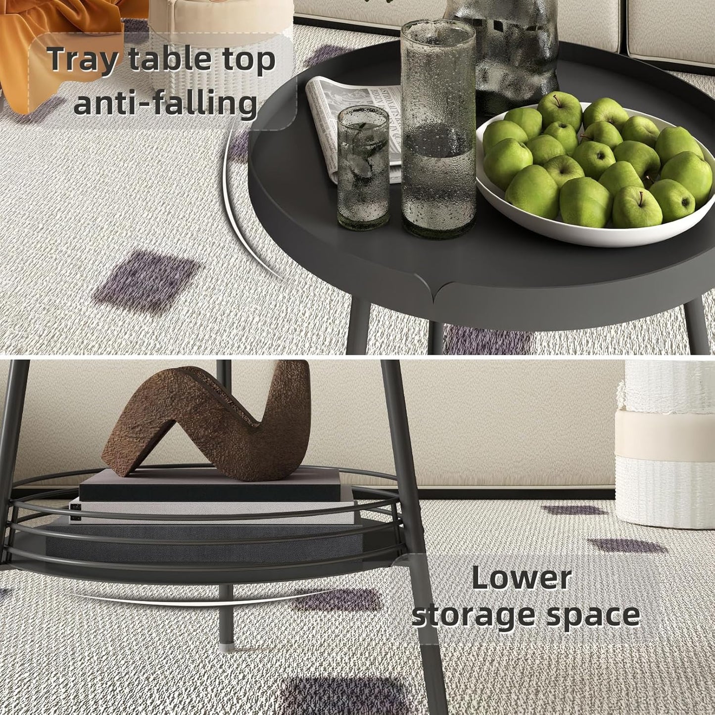 Benkyo 2 Tier Black Metal Round Side Table Tiered Two Shelf Storage Coffee Sofa End Table for Living Room and Bedroom,Black