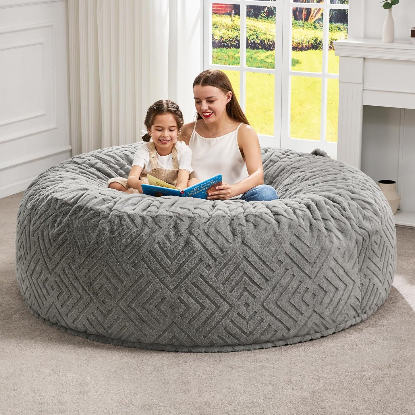 Hobestluk Bean Bag Chairs Adults Beanbag Chair with Filler Large Bean Bags with Fluffy Embossed Cover, Giant Bean Bag Chairs for Adults (Grey, 6FT - 70" x 70" x 15")