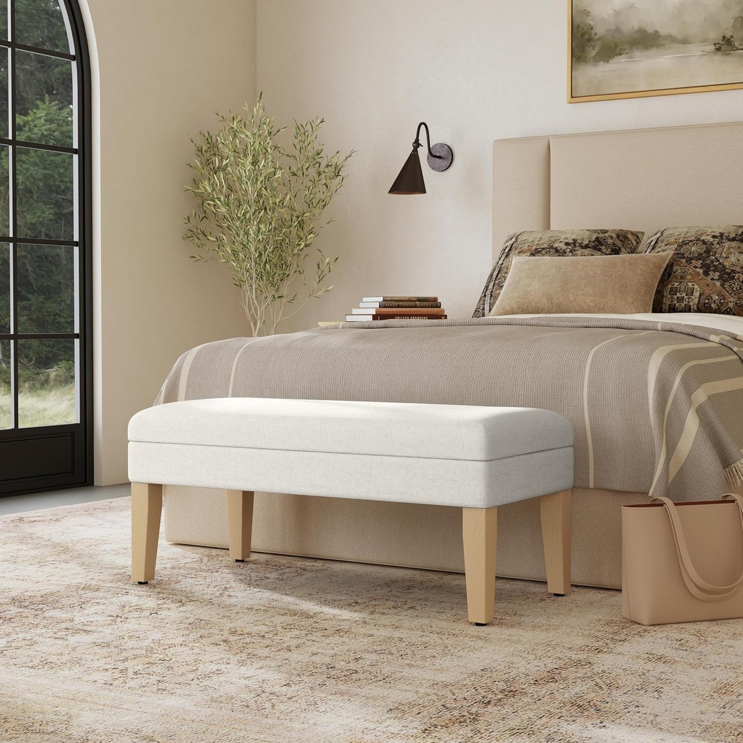 HomePop Home Decor | Upholstered Decorative Storage Ottoman Bench | Ottoman Bench with Storage for Living Room & Bedroom | Decorative Home Furniture, Cream Textured Woven