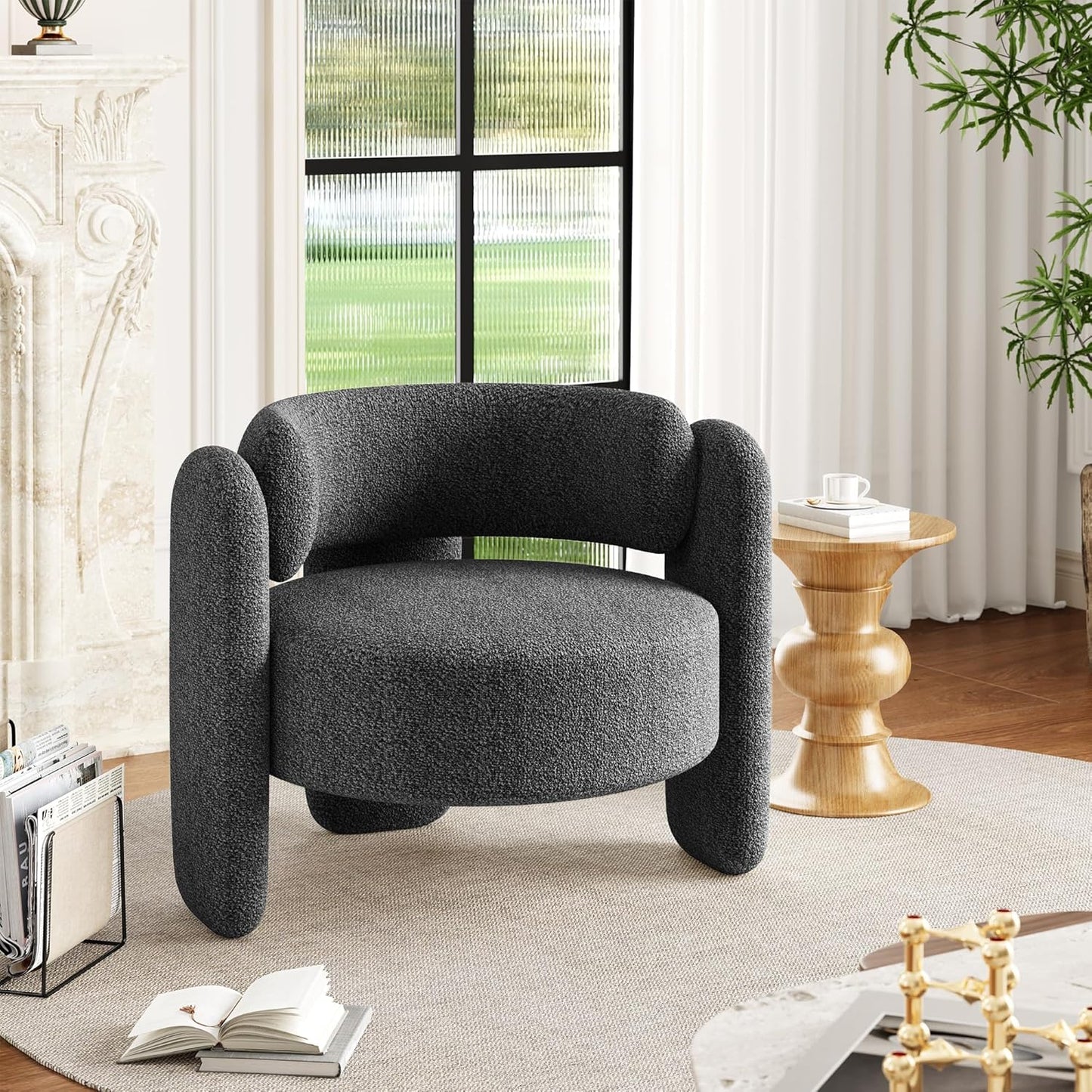 Modern Chenille Accent Armchair， Mid-Century Upholstery, Round Corners for Living Room, Bedroom, Office, or Cafe，Grey