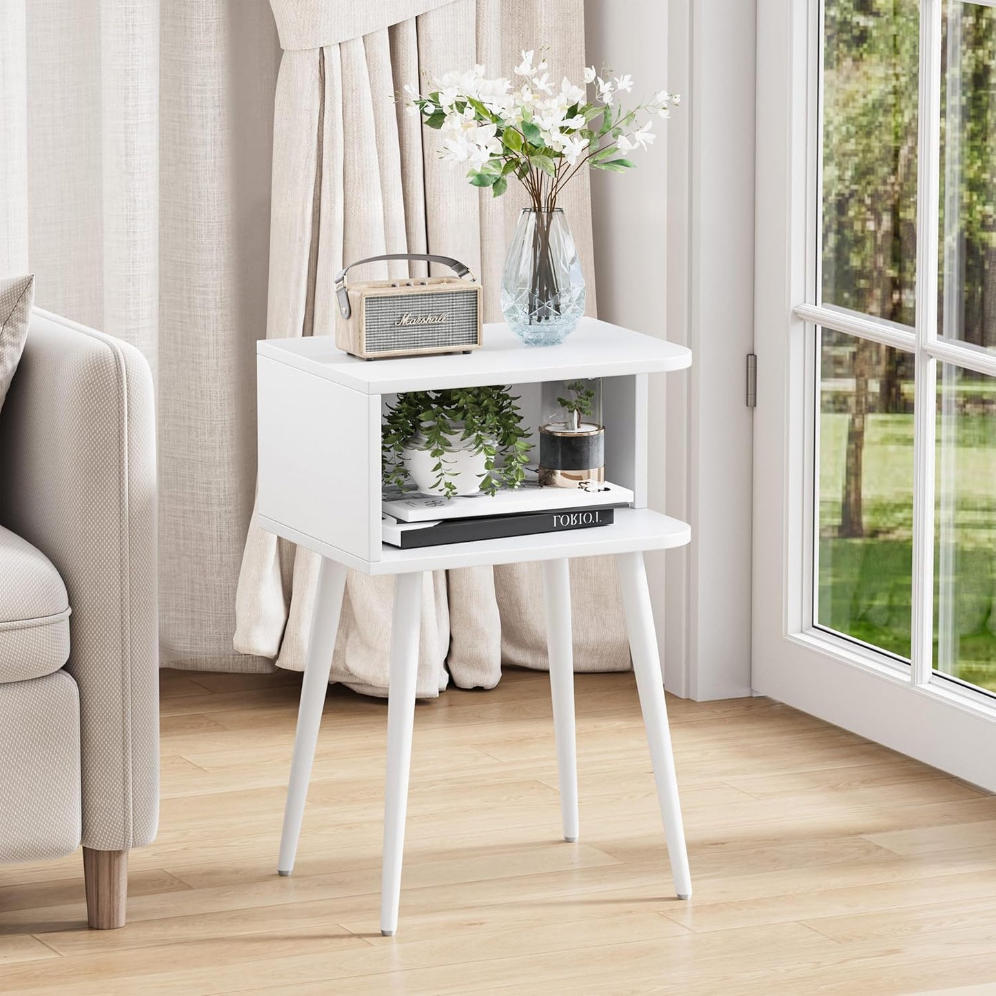 White Nightstand Set of 2, Small Bed Side Table for Small Spaces, Mid Century Modern Nightstand End Table with Open Storage, Side Table for Bedroom Living Room, MLBZ20W-2