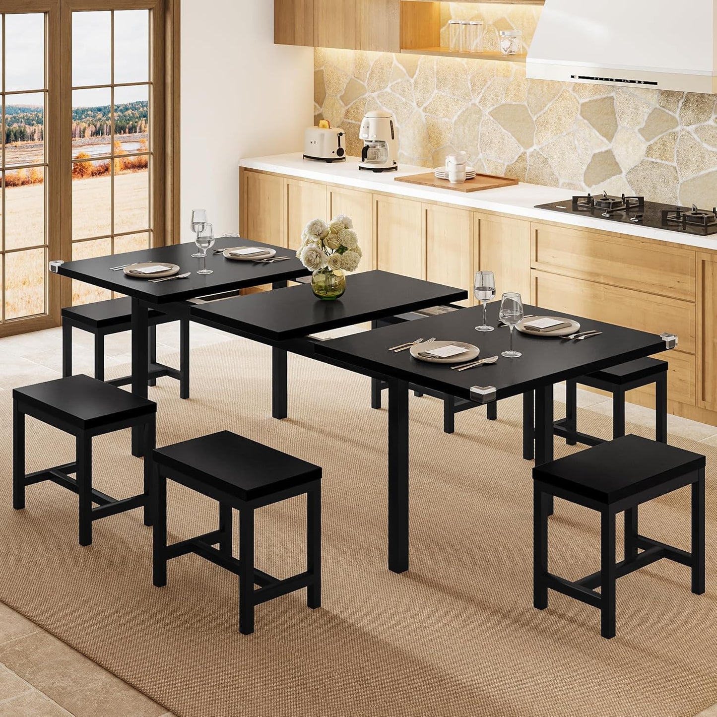 7-Piece Dining Table Set, 63" Extendable Kitchen Room Table with 6 Stools, Mid Century Modern Dinner Table with Metal Frame & MDF Board, Space-Saving, Easy Assembly, Black
