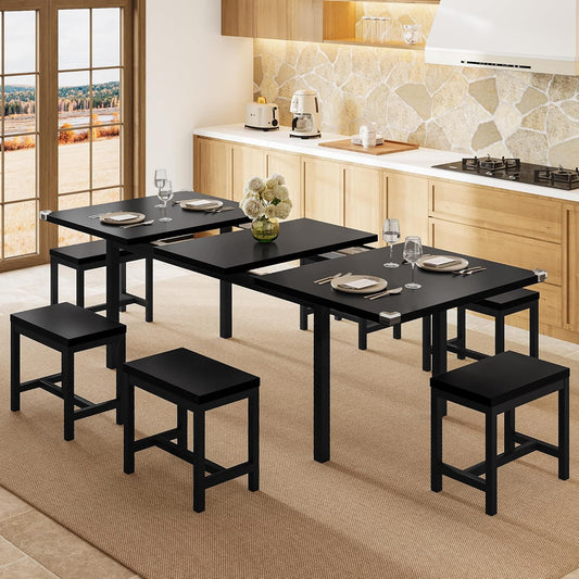 7-Piece Dining Table Set, 63" Extendable Kitchen Room Table with 6 Stools, Mid Century Modern Dinner Table with Metal Frame & MDF Board, Space-Saving, Easy Assembly, Black