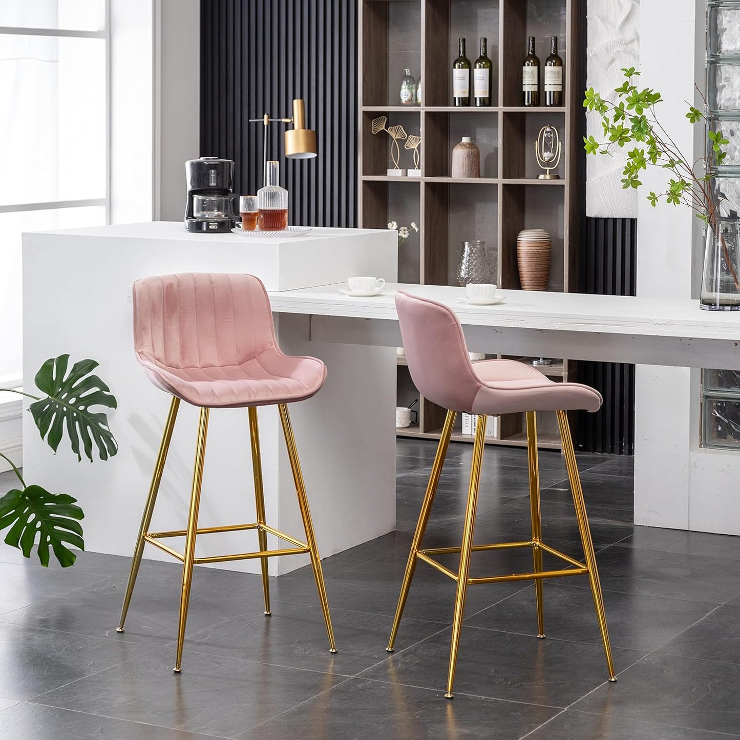 Sidanli 29 Inch Bar Stools Set of 2, Pink Counter Stools with Back and Gold Plated Legs, Upholstered Barstools for Bar, Living Room, Kitchen Counter, Farmhouse