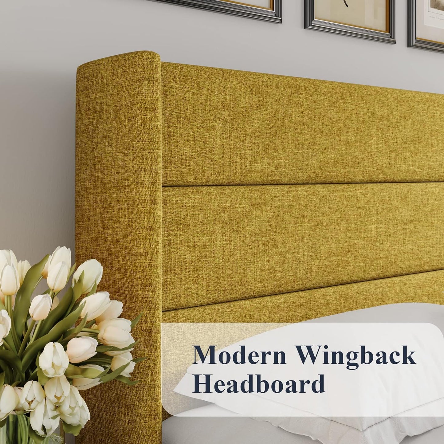 Allewie Full Size Lift Up Storage Bed, Modern Wingback Headboard, Hydraulic Support, No Box Spring Needed, Olive Yellow