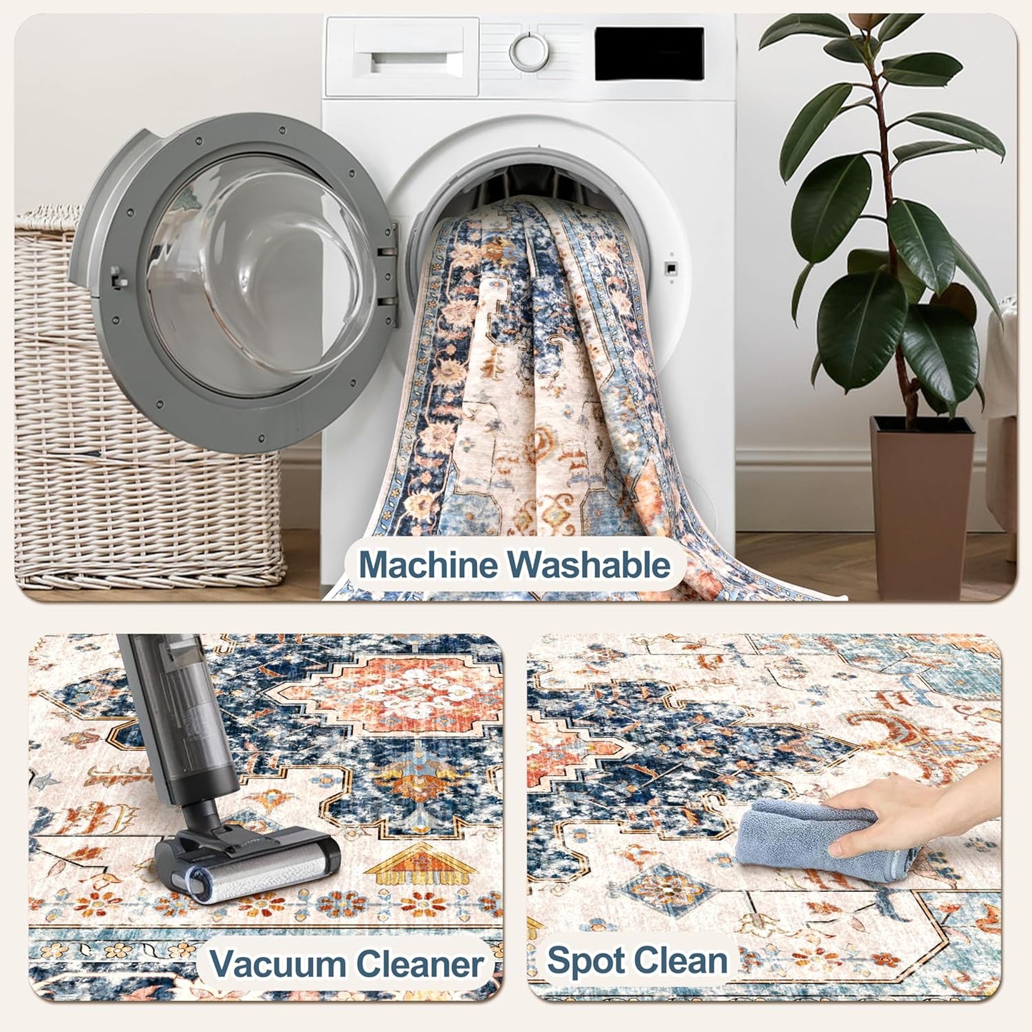 Tangsoo 8x10 Area Rug for Living Room, Washable Vintage Indoor Non Slip Large Area Rugs, Print Distressed Blue/Beige Carpet, Soft Low Pile Foldable Floor Rug for Bedroom Dining Room Dorm