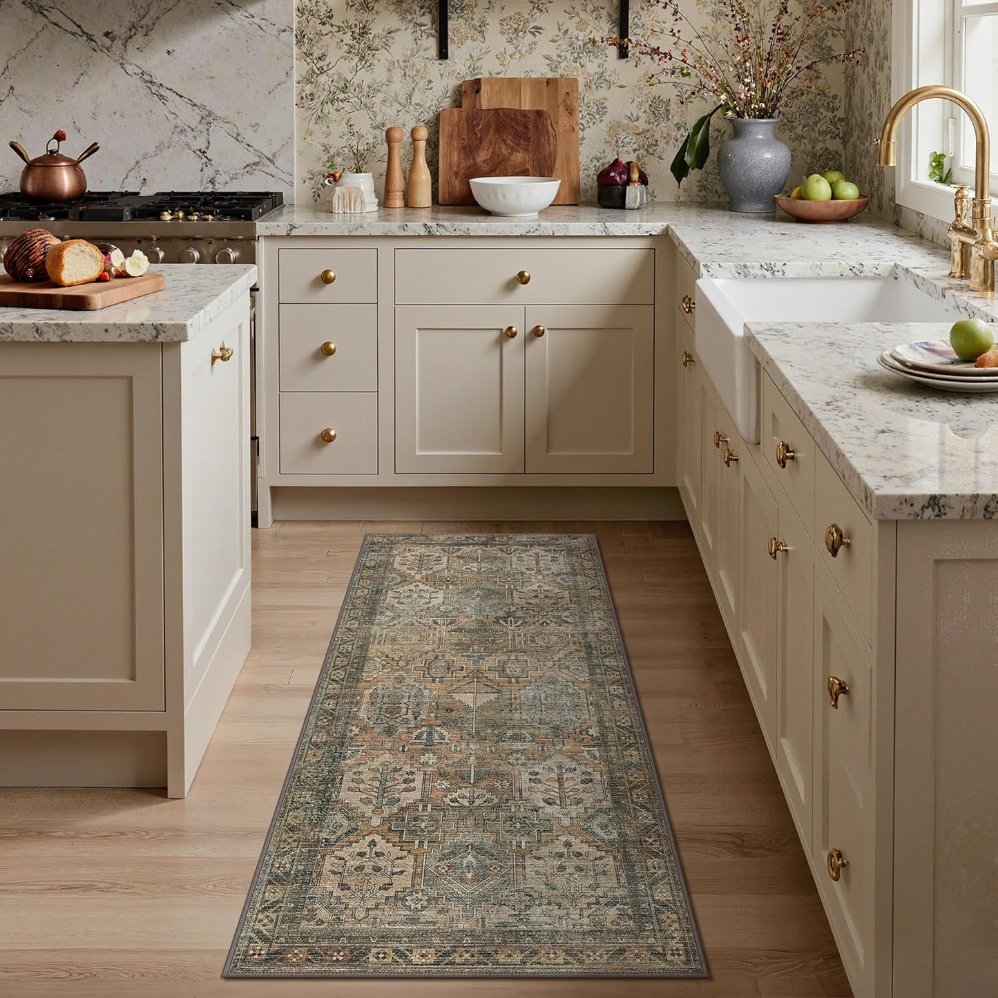 GENIMO 2x8 Runner Rugs for Hallway, Machine Washable Non Slip Vintage Rugs, Low Pile Lightweight Soft Print Rug for enrtyway, Corridor, Home Office, Kitchen, Warm Taupe