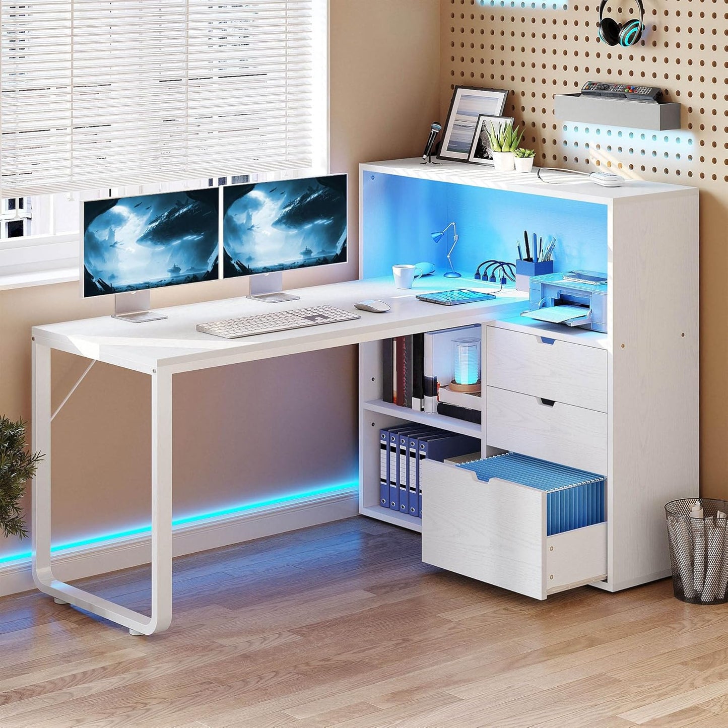 DWVO L Shaped Desk with Drawers, 55" Corner Computer Desk with Bookshelf & Power Outlets & LED Lights, Home Office Desk with Storage Shelves, White
