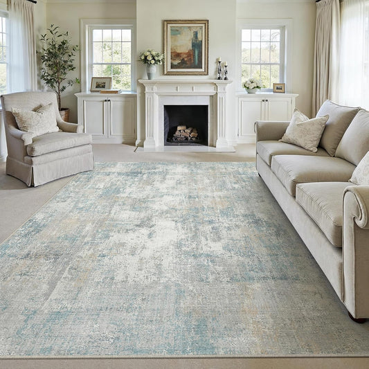 8x10 Washable Area Rug Blue Cream Modern Neutral Abstract Living Room Bedroom Indoor Floor Carpet Low Pile Soft Non-Slip Lightweight Vacuumable Large Throw Rug for Nursery Dining Room