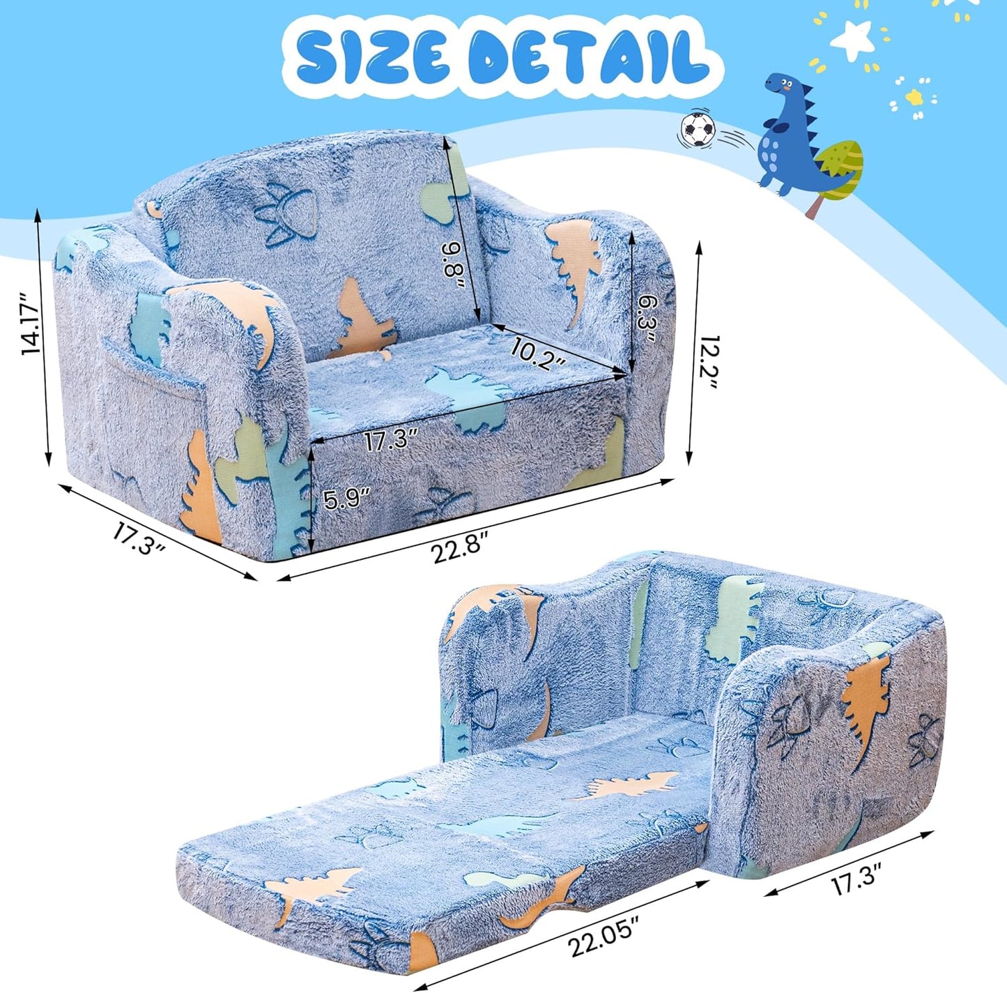 Lamerge 2-in-1 Toddler Couch,Glow in The Dark Baby Floor Bed,Foldable Toddler Chair Kids Sofa for playroom,Convertible Sofa to Lounger for Girls and Boys (Blue and Dinosaur)