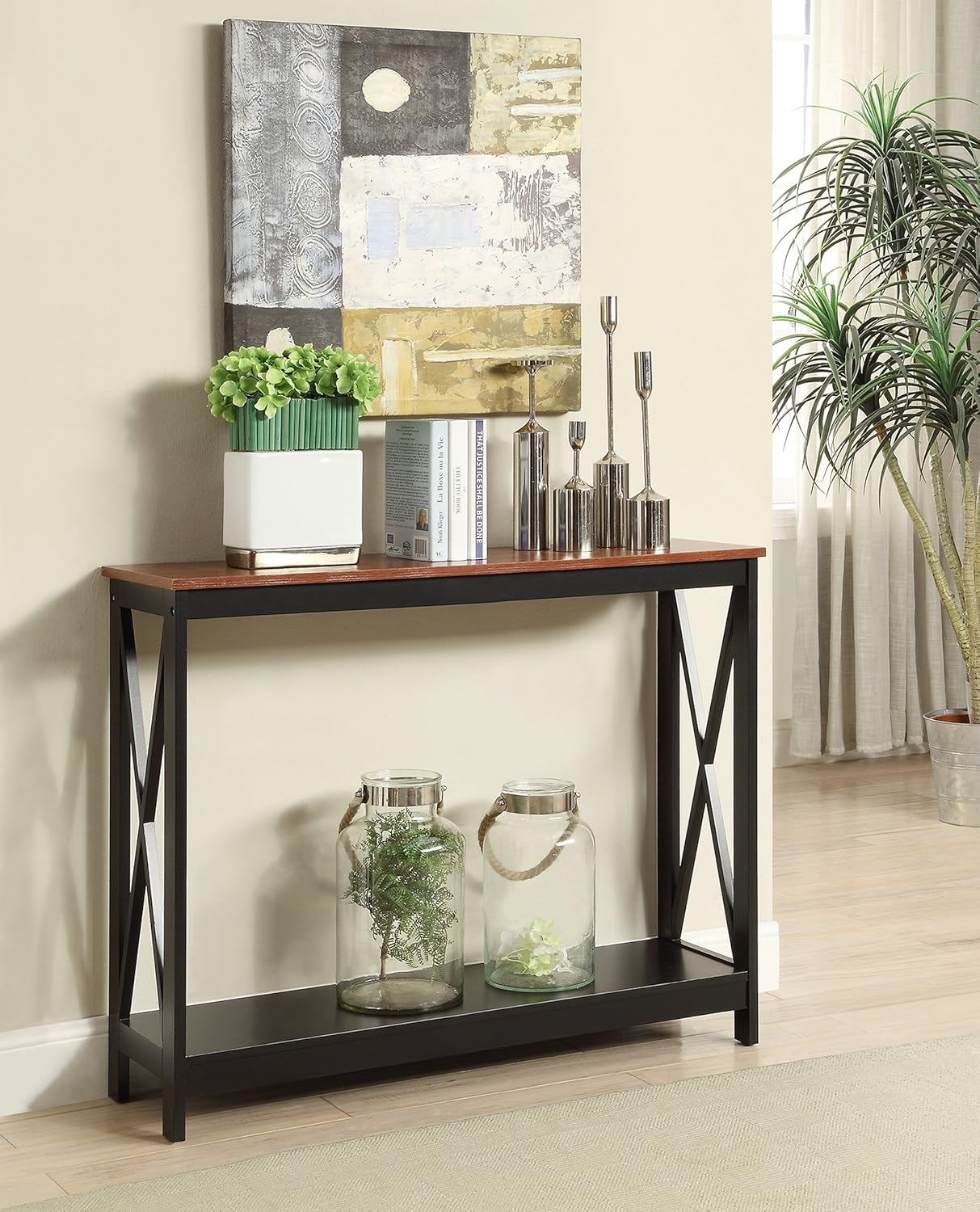Convenience Concepts Oxford Console Table 39.5" - Farmhouse, Modern Narrow Sofa Display Accent with Storage Shelf for Transitional, Coastal Living Room, Entryway, or Hallway, Black/Cherry