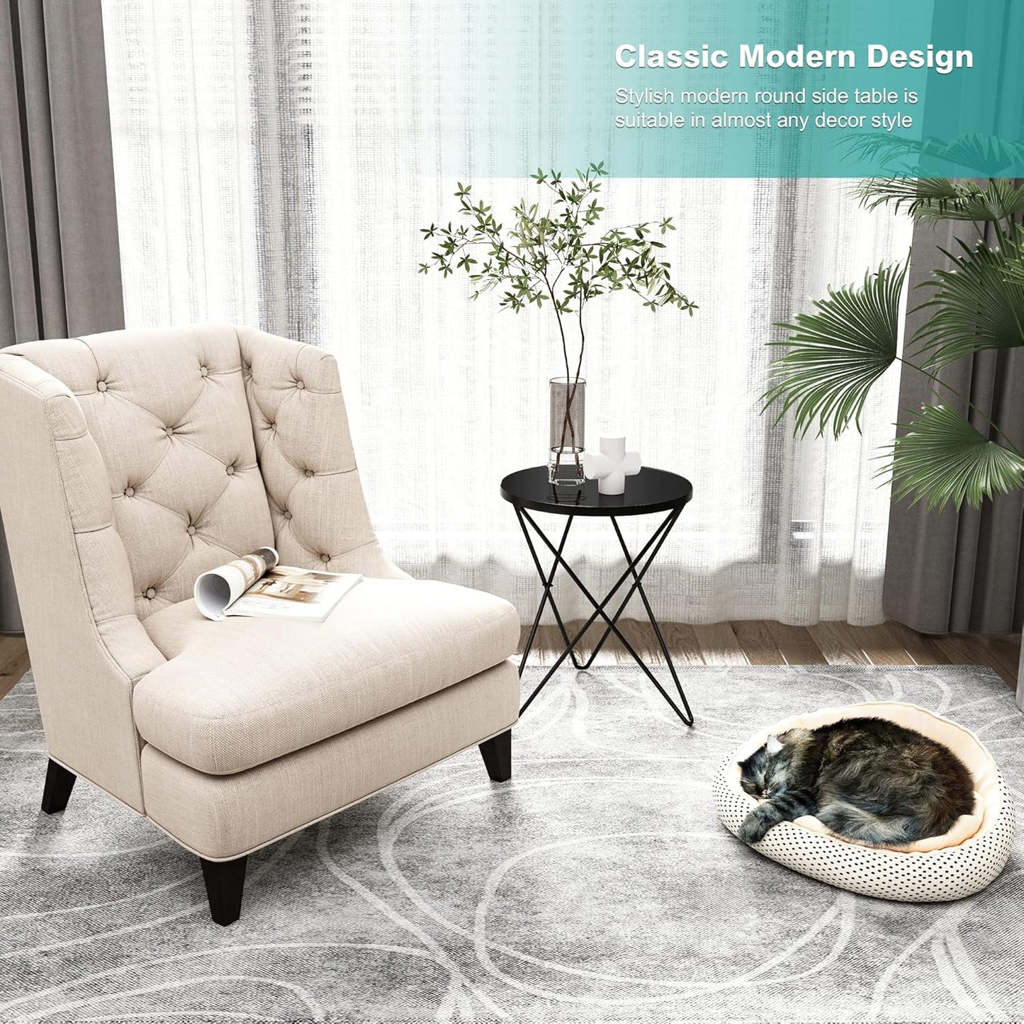 HLR Modern Round Side Table, End Table with Marble Effect Top and Gold Metal Frame, Small Side Table for Living Room, Bedroom, Sofa and Couch, Black Legs, Black Glass top