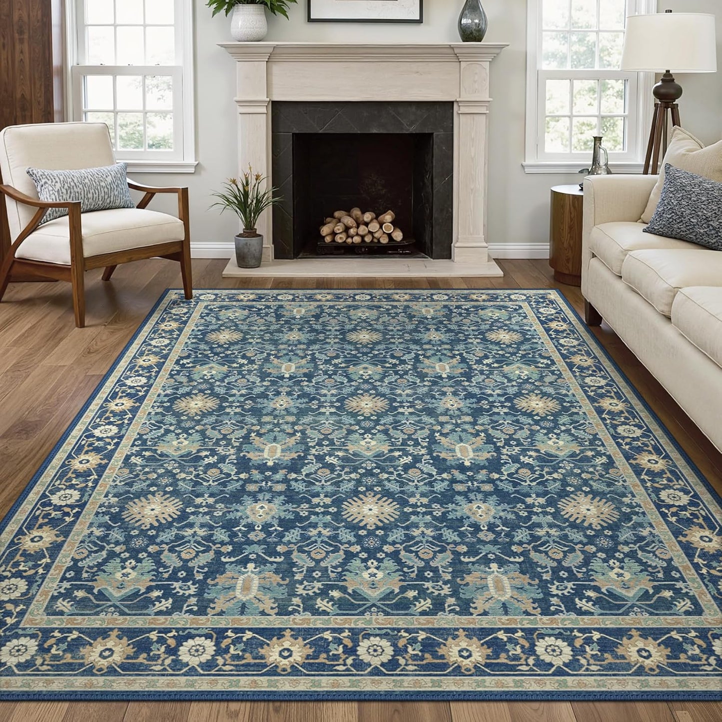 8X10 Area Rugs Machine Washable Runner Rugs for Living Room Bedroom Hallway, Non Slip Indoor Soft Accent Distressed Boho Vintage Print Lightweight Thin Low Pile Carpet, Navy