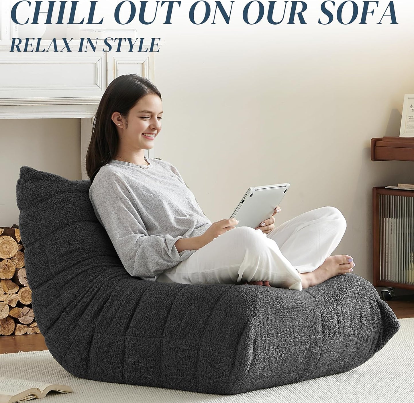 Bean Bag Chair, Fireside Chair Bean Bag Sofa for Adults, Bean Bag Chairs for Teens with High-Resilience Foam, Memory Foam & Non-Slip Base Bean Bag for Living Room, Bedroom, Office (Teddy, Dark Gray)