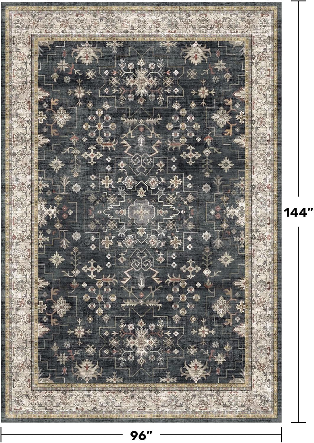 Black Boho Rug for Living Room 8x12 - Washable Dining Room Rugs for Under Table, Vintage Soft Low Pile Carpet for Bedroom, Non-Slip Farmhouse Bohemian Large Thin Carpet for High Traffic Area