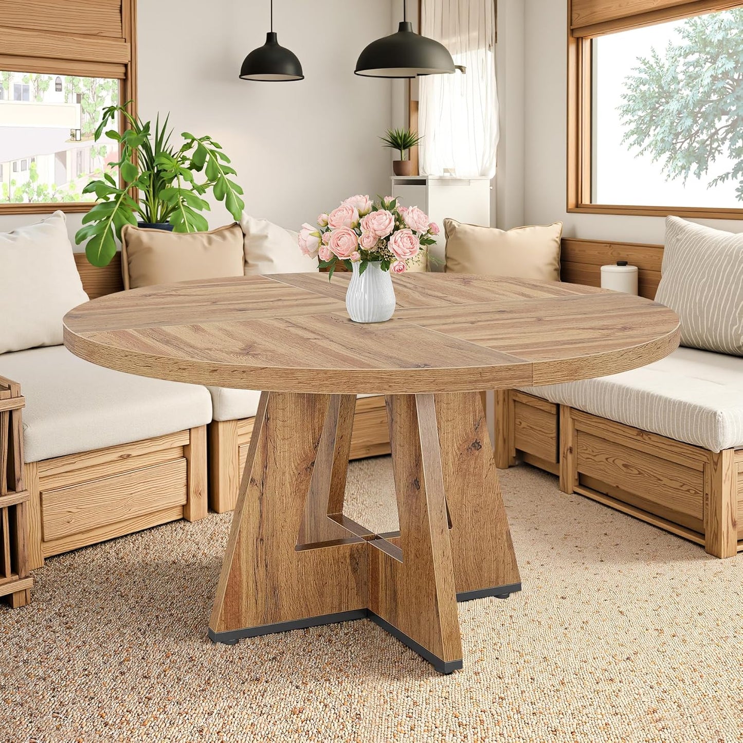 Round Dining Table for 4, 47" Wooden Kitchen Dinner Table Rustic, Farmhouse Table for Dining Room, Living Room, Light Oak Brown