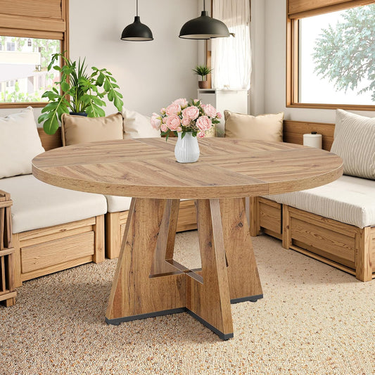 Round Dining Table for 4, 47" Wooden Kitchen Dinner Table Rustic, Farmhouse Table for Dining Room, Living Room, Light Oak Brown