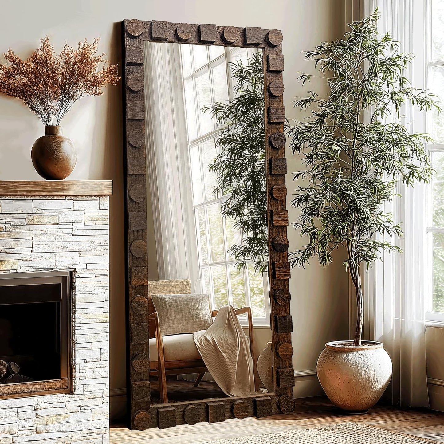 56x24 Inch Handcrafted Solid Wood Square Wall Mirror with Geometric Wood Inlay Design, Rustic Natural Texture for Bathroom, Bedroom, Living Room Decor