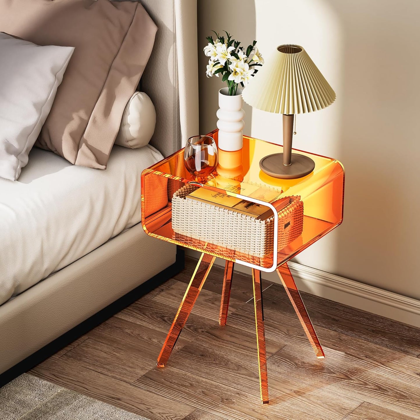 Acrylic Side Table, Acrylic Nightstand Bedside Table for Bedroom (Orange, 16.5'' x 11.8'' x 21.6'')