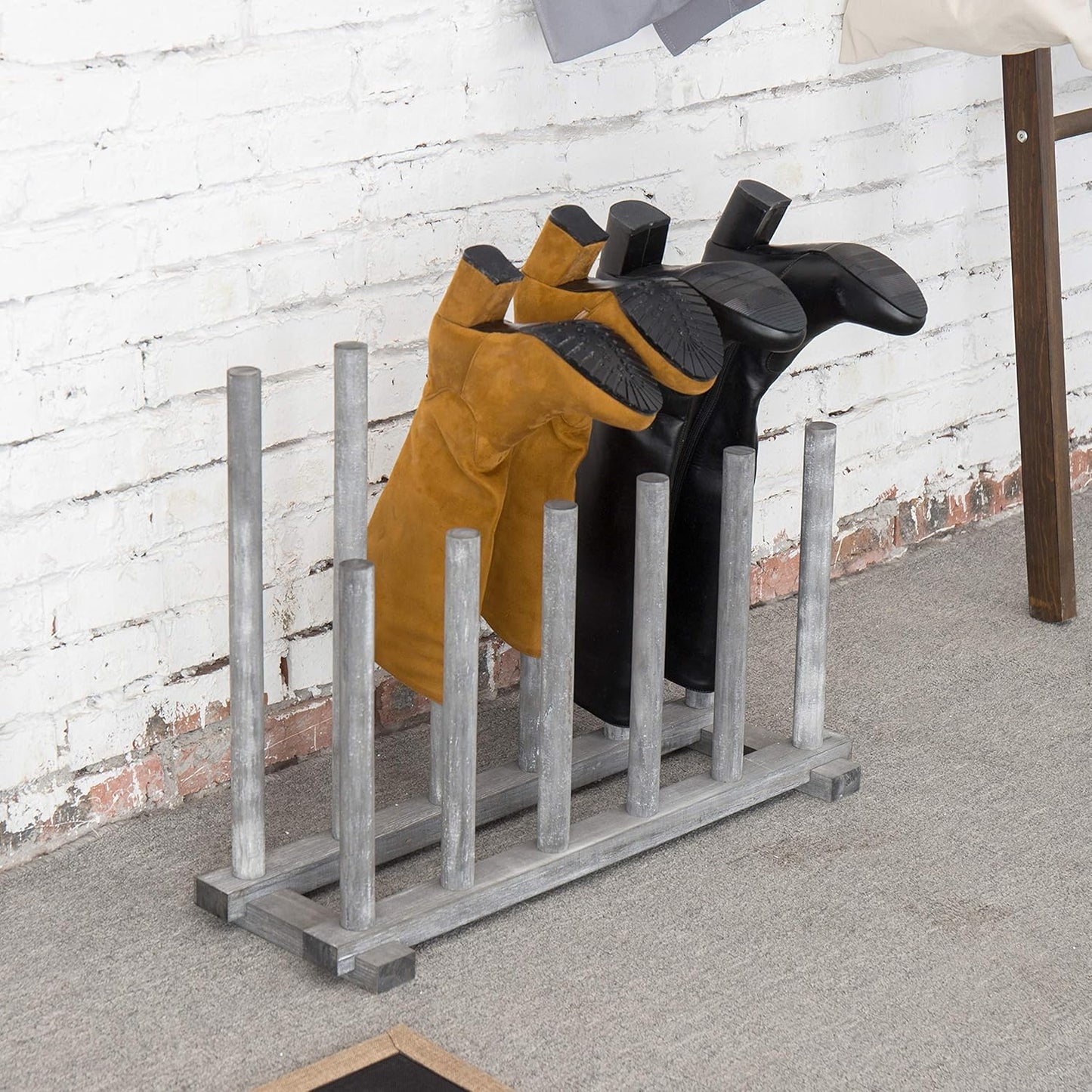 MyGift Coastal Graywashed Solid Wood Floor Standing Boot Holder Rack, Wooden Entryway Shoe Storage Organizer Stand Holds 6 Pairs of Tall and Short Boots