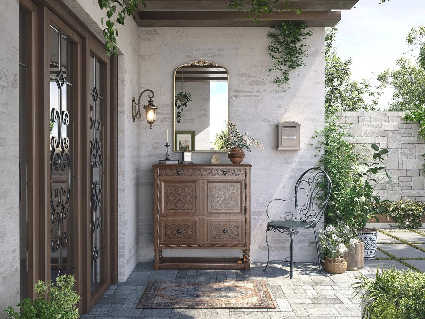 Arched Antique Wall Mirror, 24"x40" Vintage Gold Bathroom Vanity Mirror, Ornate Arched Bronze Mirror for Over Sink/Fireplace/Entryway