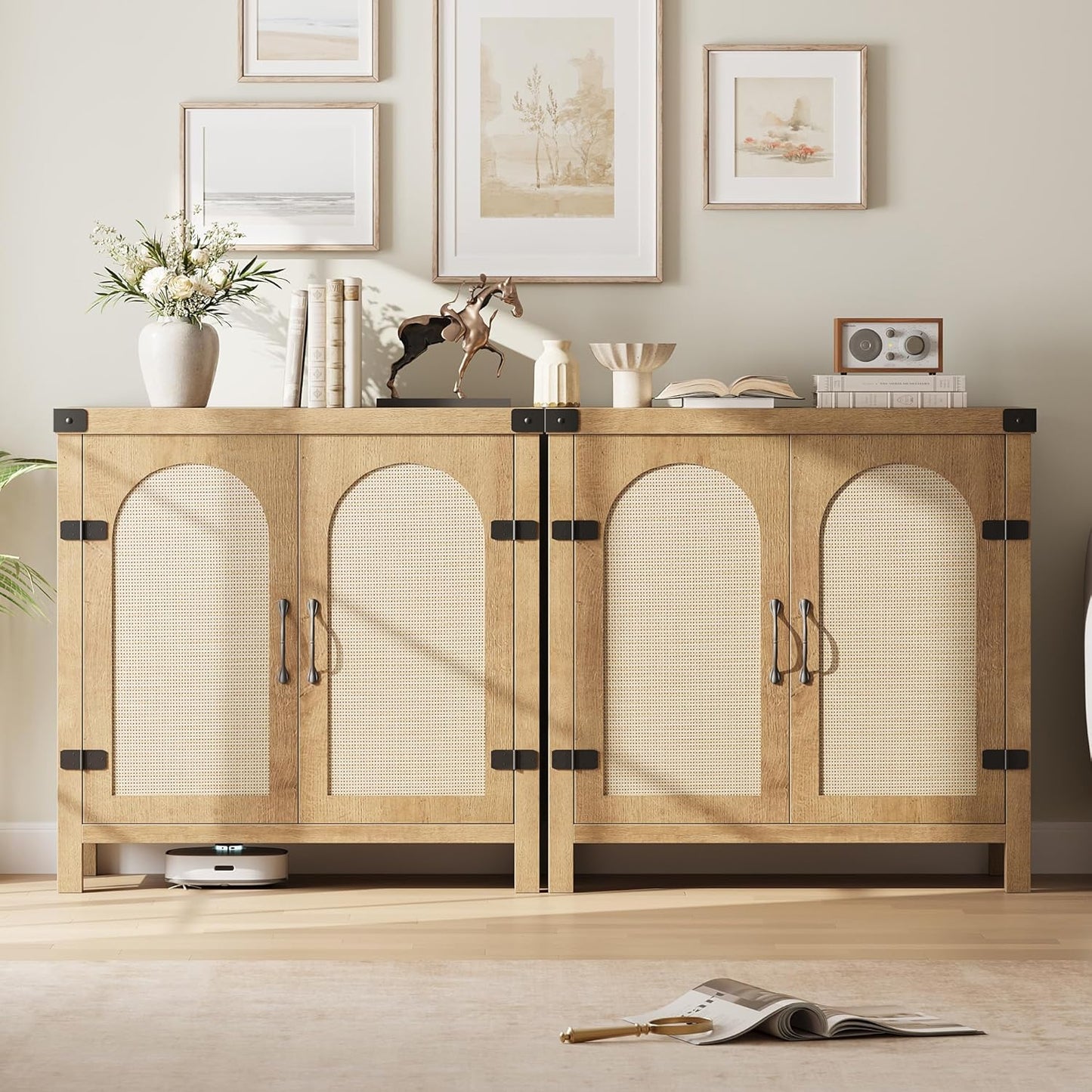 Garvee 31.5'' Small Rattan Buffet Cabinet with Storage, Kitchen Coffee Bar Cabinet with Doors, Boho Farmhouse Sideboard with Adjustable Shelves and Handle for Kitchen, Living Room, Natural