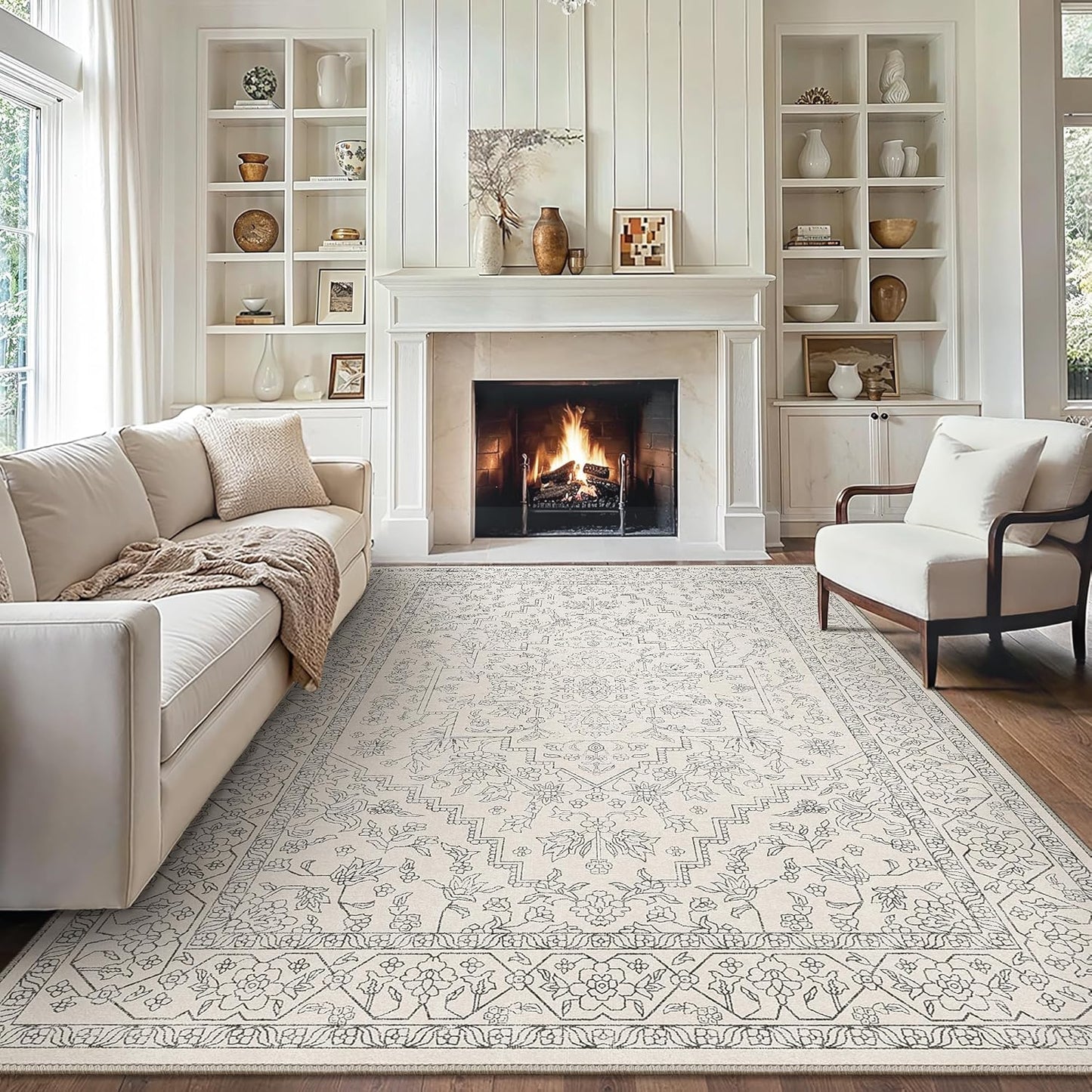 GENIMO 10x14 Area Rugs for Living Room, Machine Washable Non Slip Vintage Rugs, Low Pile Lightweight Chenille Print Rug for Bedroom, Dining Room, Home Office, Beige Line