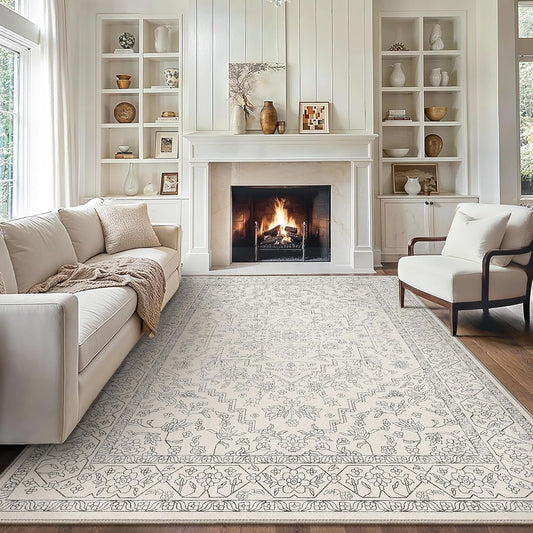 GENIMO 10x14 Area Rugs for Living Room, Machine Washable Non Slip Vintage Rugs, Low Pile Lightweight Chenille Print Rug for Bedroom, Dining Room, Home Office, Beige Line