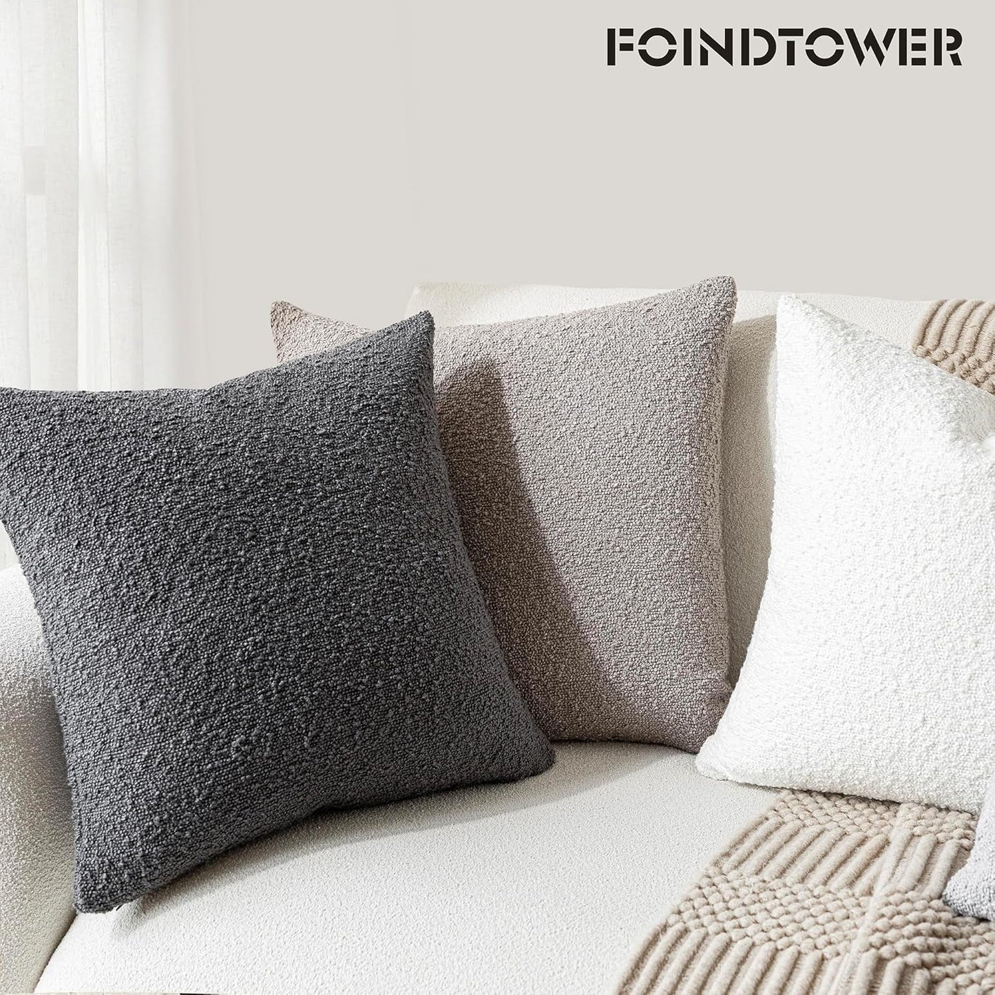 Foindtower Pack of 2 Textured Boucle Throw Pillow Covers Accent Solid Decorative Pillow Cases Cozy Woven Couch Cushion Case for Sofa Bedroom Living Room Home Decor, 20 x 20 Inch,Neutral Grey