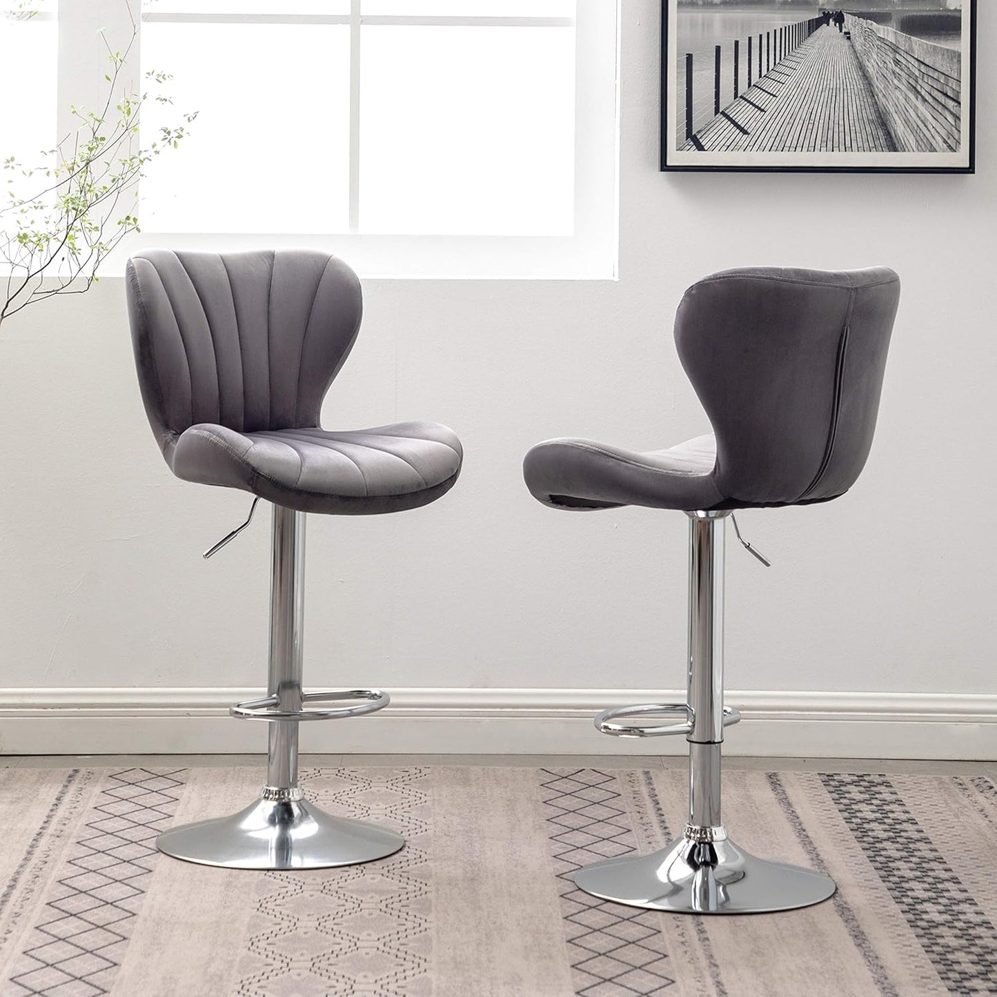 Roundhill Furniture Ellston Velvet Adjustable Swivel Barstools in Gray, Set of 2, Grey