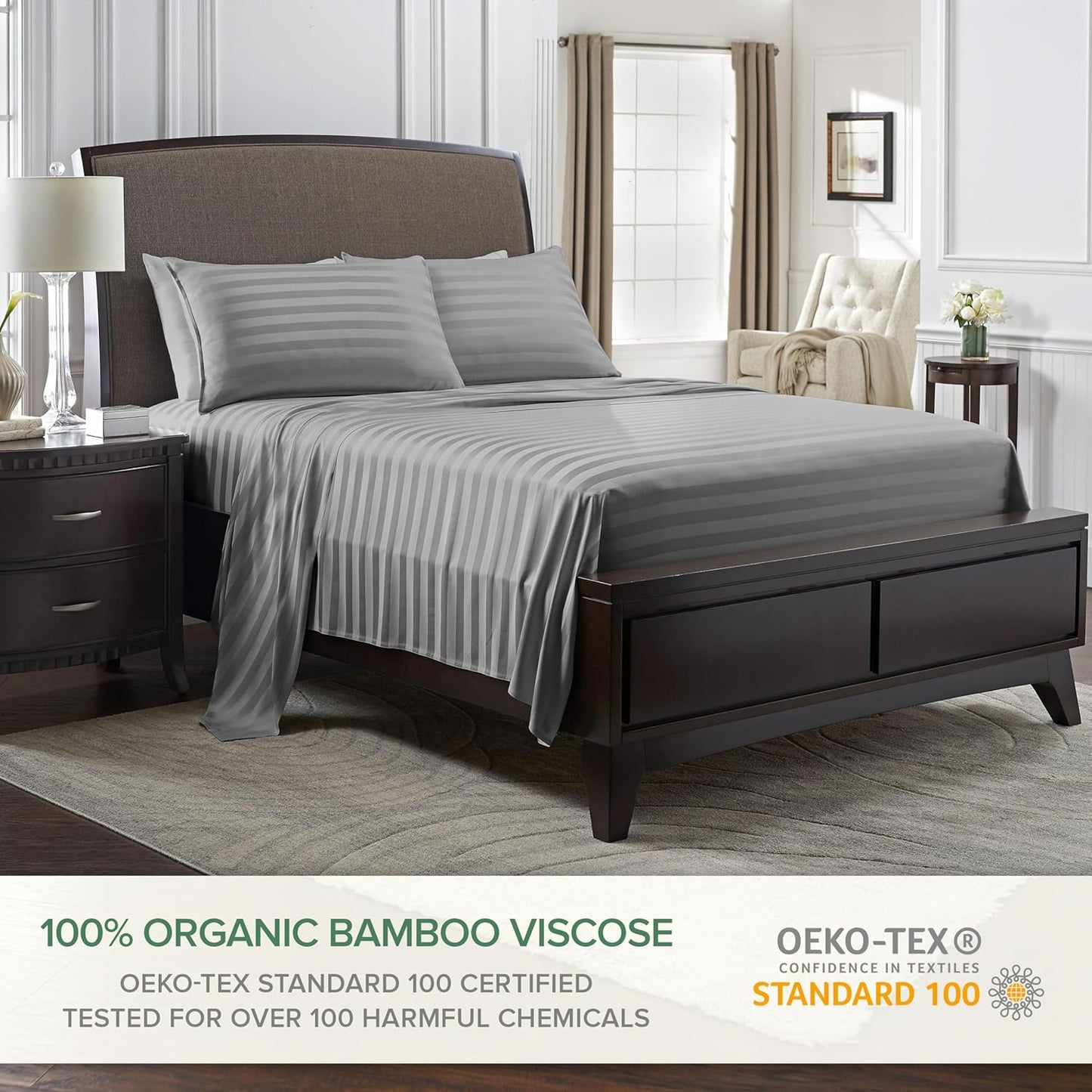 Split King Sheets by Pure Bamboo, Genuine 100% Organic Viscose Derived from Bamboo Bed Sheet Set, Soft & Cooling, Double Stitching *Not for Split Top (Split King, Jacquard Stone)