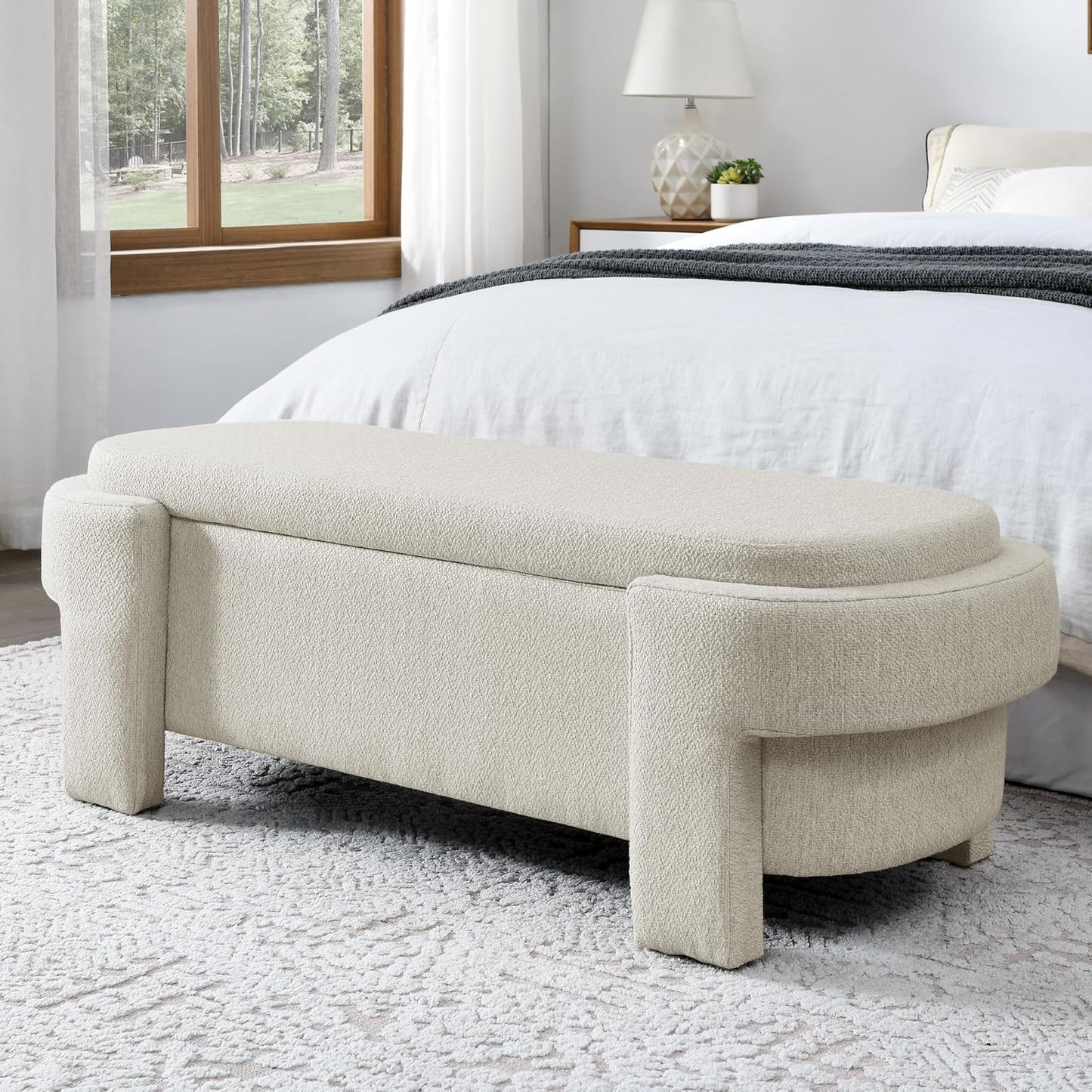 Oval Storage Bench,Upholstered Ottoman with Hinges,Easy to Install,for Living Room,Entryway,Bedroom,Beige
