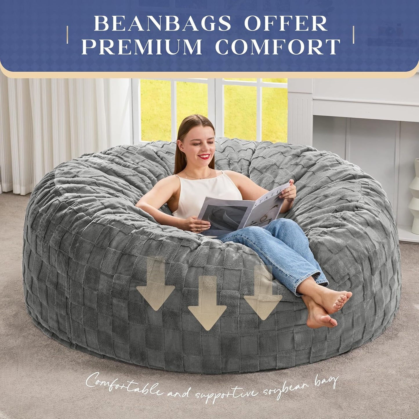 Hobestluk Bean Bag Chairs Beanbag Chair with Filler Adult Bean Bags with Fluffy Plaid Cover, Giant Bean Bag Chairs for Adults for Living Room, Bedroom (Grey, 5FT - 50” x 50” x 24”)